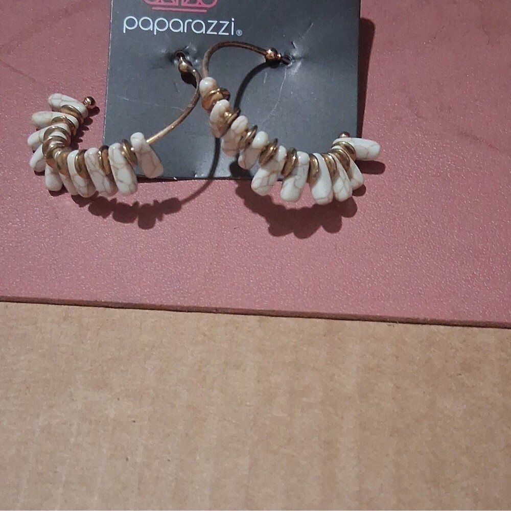 Paparazzi Gold & White Beaded Round Hoop Earrings, Butterfly Closure